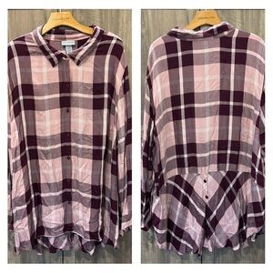 Catherines 3X Flannel Button Shirt Pink Plaid Long Roll Tab Sleeves